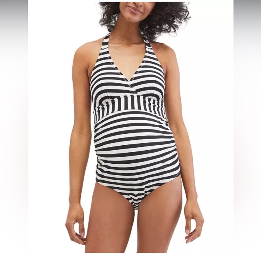 MOTHERHOOD MATERNITY Beach Bump™ Striped Halter One Piece Maternity Swim Sz XL +